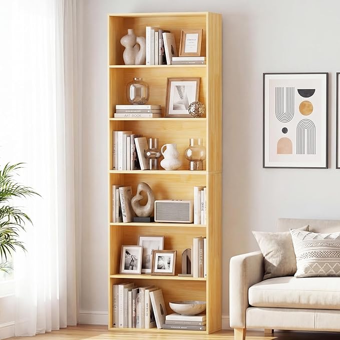 Tangkula 6-Tier Bookcase, 70” Tall Freestanding Bookshelf with 6 Open Shelves, Anti-Toppling Kits, Floor Display Storage Organizer for Living Room, Study, Kitchen, Home & Office (Burlywood, 70" H)