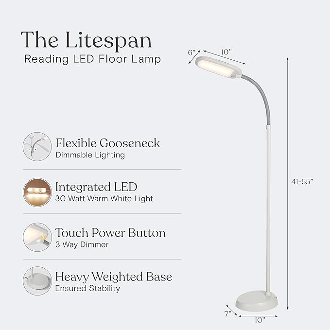 Brightech Litespan LED 2nd Edition Reading Floor Lamp with Cool, Soft & Warm White LED's - Built-in Dimmer - Adjustable Design Pivots in Any Direction - Energy Saving 12 Watts - Alpine White