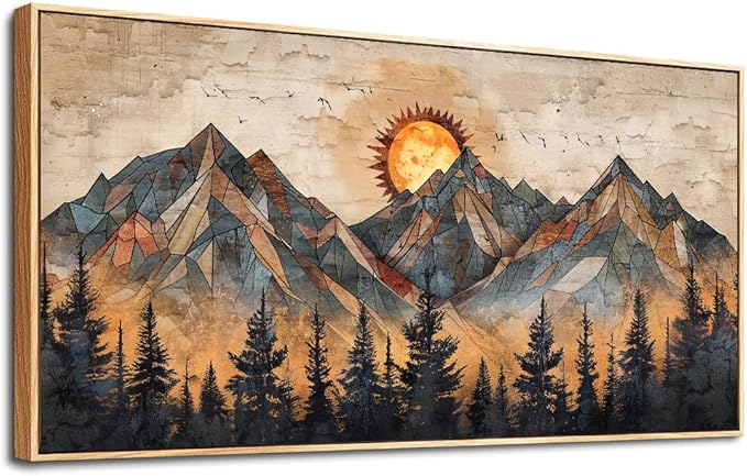 ZUITINGHUA Boho Wall Art For Living Room Large Canvas Wall Decor For Bedroom Office Decorations Abstract Wall Paintings Mountain Landscape Pictures Modern Home Mural Artwork Wood Framed 24x48 In