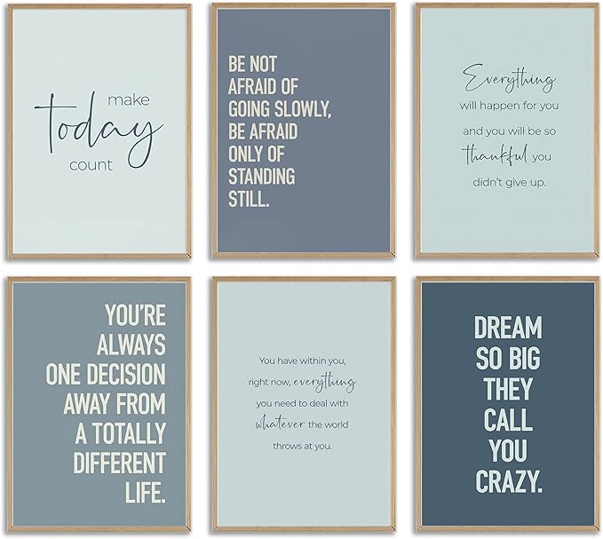 CXKAWM 6Pcs Inspirational Quotes Wall Art Motivational Inspirational Office Wall Art Decor Prints, Blue Motivational Wall Decor Trendy Retro Posters for Office Home Decoration, 12x16 Unframed