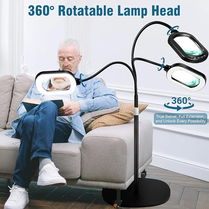 Large Magnifying Glass with Light and Stand, 10X Rectangle Optical Real Glass Lens, Height Adjustable Gooseneck Magnifier Floor Lamp, 5 Color Modes LED Dimmable Lighted Hands Free for Close Work Craft
