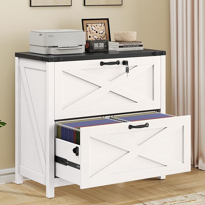 Farmhouse File Cabinet, Lateral Filing Cabinet with 2 Drawers with Lock for Letter/A4 Size Hanging Files, Large Wooden Printer Stand File Storage Cabinet for Home Office, White and Black