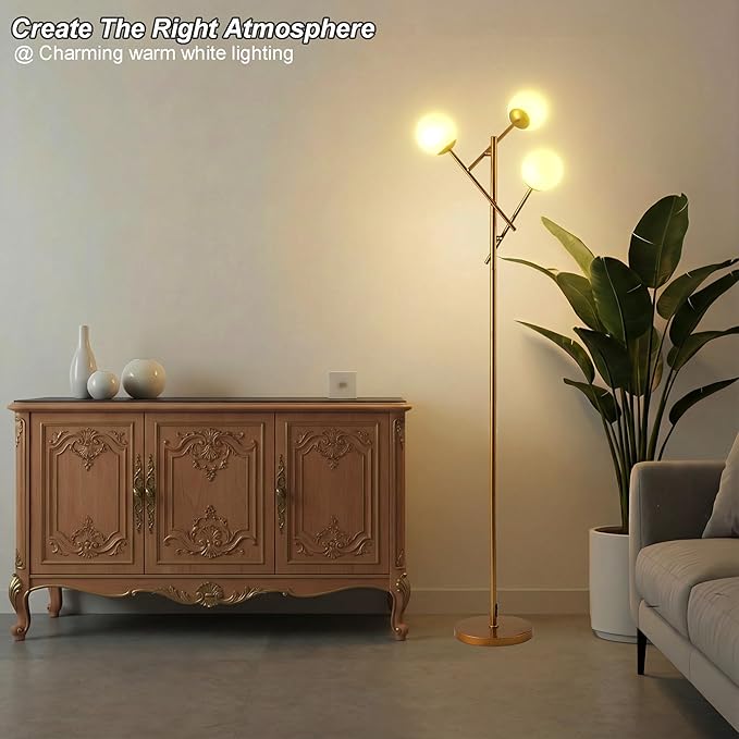 Fiqevs 3-Globe Floor Lamp - Adjustable Mid Century Modern Stand Lamp with Warm White LED Bulbs for Living Room, Bedroom - Antique Brass/Gold
