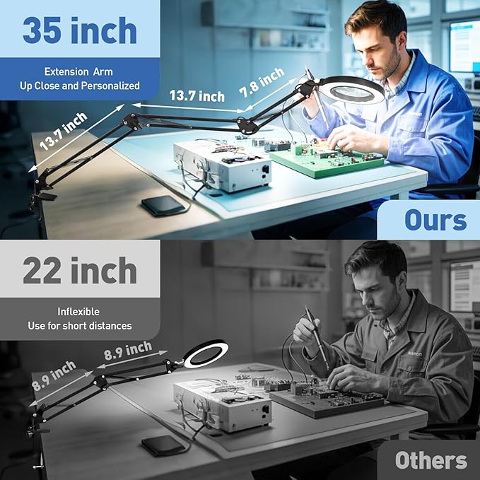 HITTI Ultra Long 12X Magnifying Glass with Light and Clamp, 5 Color Modes Steepless Dimming Desk Lamp, Swivel Arm Workbench Light, Hands Free Lighted Magnifier Stand for Craft Reading Soldering