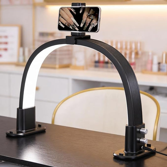 BLUVALL Half Moon Nail Lamp for Desk Portable Nail Desk Lamp with Phone Holder, Stepless Adjustment of Brightness and Color Temperature Desk Lamp for Nail Tech, Eyelash, Tattoo, Makeup (Black)