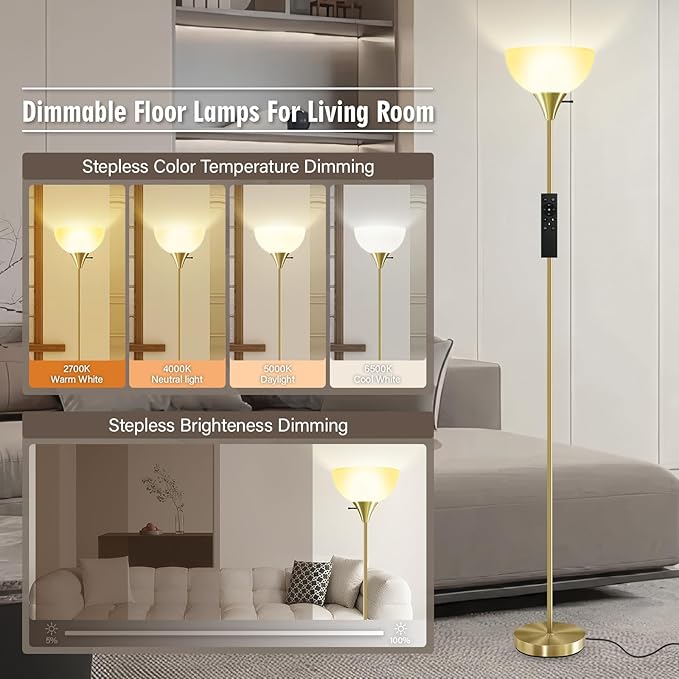 Floor Lamps for Living Room, 71'' Torchiere Floor Lamps with Remote, 2700K-6500K Colors Temperature & Brightness Adjustable, 10W/1200LM Gold Dimmable Floor Lamp,Tall Standing Lamp for Bedroom/Office