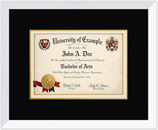 CountryArtHouse Diploma Frame Fits 11.69 x 8.27 A4 Certificate - Keepsake Graduation Display Bright White Genuine Hardwood with Black Over Metallic Gold Double mat