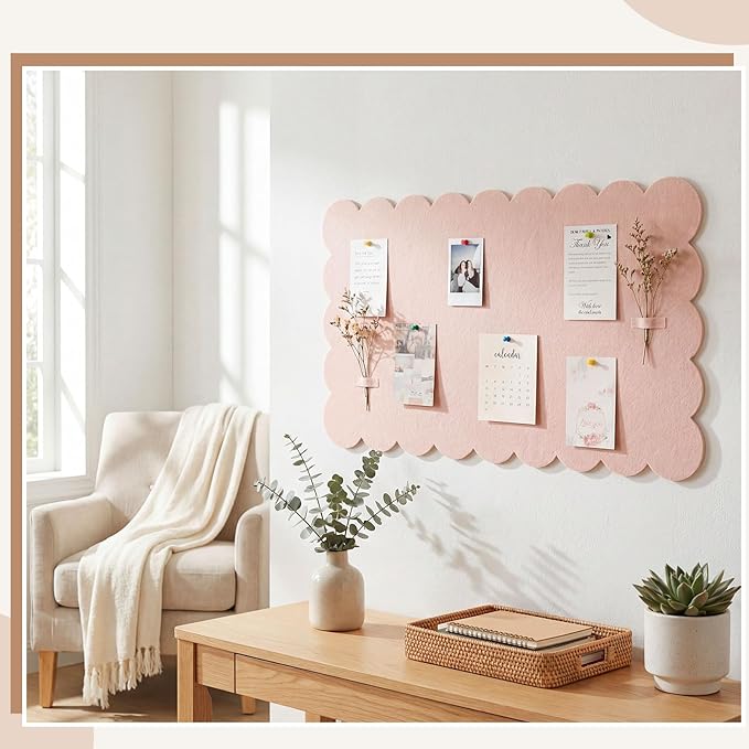 Scalloped Felt Bulletin Board 36 x 18 Inches Foldable Flesh Pink Pin Cork Board Alternative for Wall, 3' x 1.5' Trifold Picture Vision Self Adhesive Bulletin Decorative