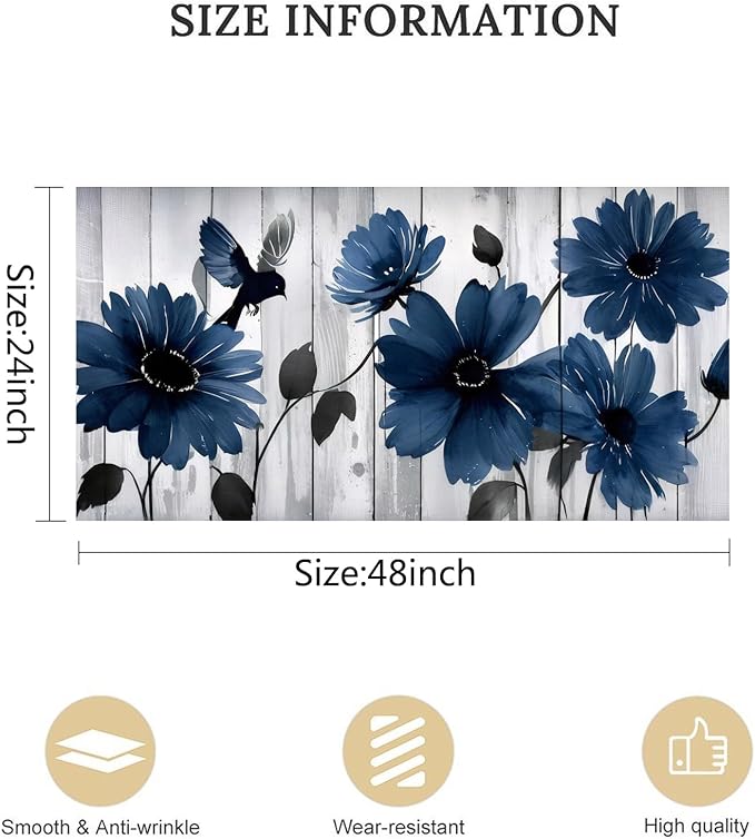 Wall Art Blue Floral Canvas Wall Art Modern Daisy Print with Bird Living Room Decor Gray Wooden Board Background Framed Office Home Decor Size 24 x 48 in
