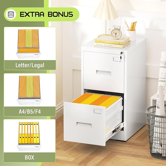 Incbruce 2 Drawer File Cabinet, Metal File Storage Cabinet with Lock, Vertical Filing Cabinet with Adjustable Hanging Frame for Home Office, Easy Assemble (White)