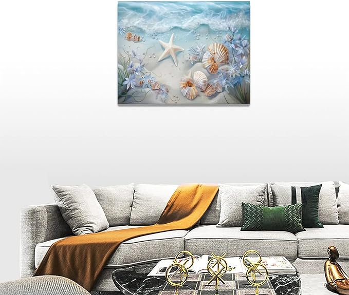 yerretin Beach Seashell Bathroom Wall Art Coastal Starfish Pictures Wall Decor Modern Home Canvas Painting Decorations Artwork for Living Room Bedroom Office Framed, 16"x12"