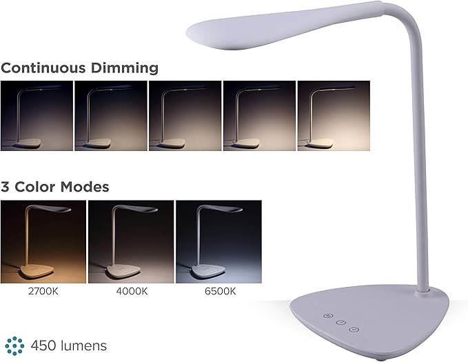 PureOptics LED VLED1820-BD Battery LED Desk Lamp, Dimmable with Adjustable Color Temperature, 4 Hour Battery Life, Rechargeable, Reduces Eyestrain, White