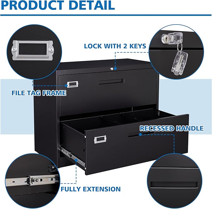 2 Drawer Lateral File Cabinet Metal Filing Cabinet with Lock Office Home Steel Lateral File Cabinet for A4 Legal/Letter Size Lockable Wide Metal Cabinet,Assembly Required(2 Drawer, Black)
