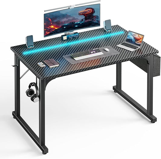40 Inch Computer Desk with LED Lights for Small Spaces, Office Desk for Home Office, Study Desk Writing Table with Storage Bag, Headphone Hook, Black