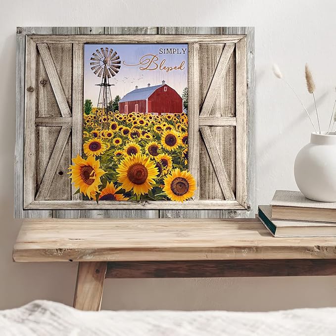 Parylore Sunflower Wall Art Canvas Print Rustic Wall Decor Sunflower Field Red Barn And Windmill Painting Framed Modern Artwork for Living Room Bedroom Bathroom Office Home Decor 12x16 In