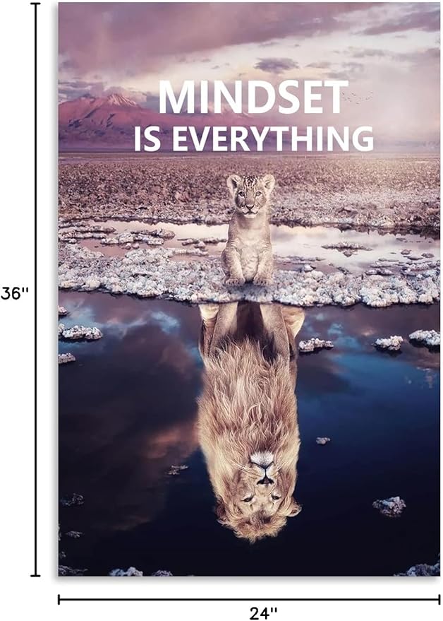 Inspirational Canvas Wall Art Little Lion Big Lion Mindset is Everything Canvas Poster Printing Artwork Inspirational Entrepreneur Art Office Wall Decoration Frame Ready to Hang[24''W x 36''H]