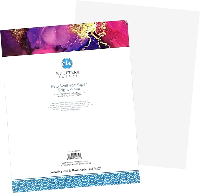 Alcohol Ink Paper - Non-Absorbent, Heavy Weight & Tear Resistant - Forgiving - Many Inks Wipe Off Clean for Easy Reuse On White - Flexible Bright White EVO 11x14 Inch (10 Sheets)