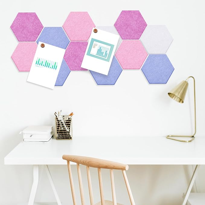 16 Pcs Hexagon Cork Board for Walls with 50 Wooden Push Pins 6.7 x 5.9 in Felt DIY Tiles Notice with Nano Tape Hanging Bulletin Board for Home Photo Office Memo Note (Pink)