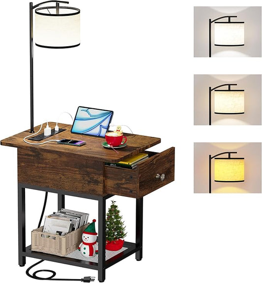 Floor Lamp with Table, Side Table with Lamp Attached, Narrow End Table with LED Lights and Charging Station, Nightstand with Wood Drawer for Living Room, Bedroom, Rustic Brown