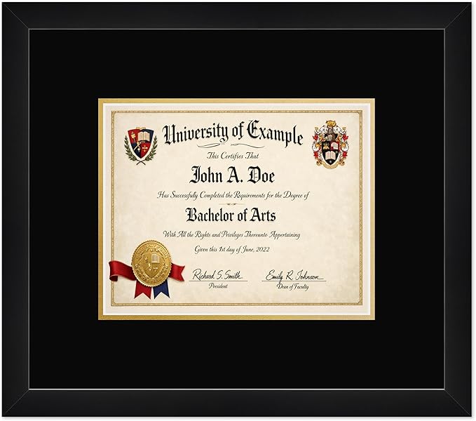 CountryArtHouse Diploma Frame Fits 10 x 8 Professional License - Keepsake Graduation Display Matte Black Genuine Hardwood with Black Over Metallic Gold Double mat