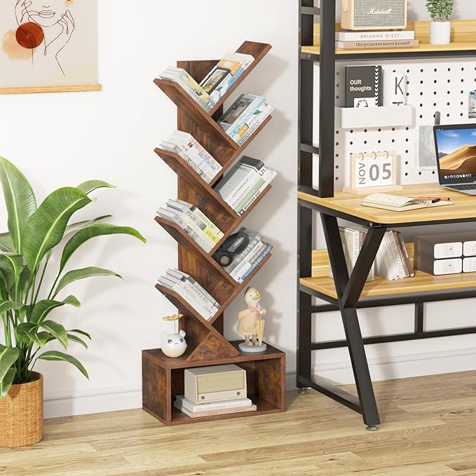 9 Tier Tree Bookshelf,Christmas Green Bookcase for Narrow Space, Storage Organizer Floor Standing Bookshelves for Books, Tall Book Case for Home Office, Living Room, Bedroom