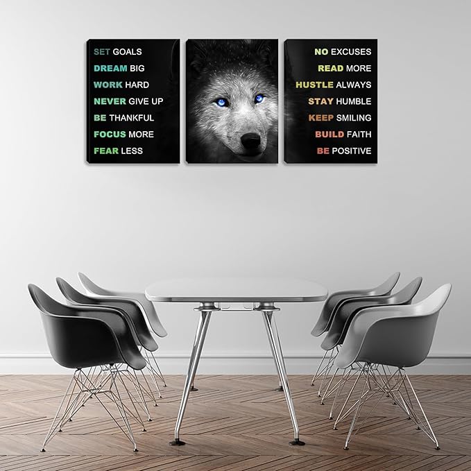 Azrosap Motivational Office Wall Art Wolf Wall Art 3 Piece Black Wall Decor Inspirational Black Positive Sayings Print Pictures Canvas Art for Women Men Framed Poster Artwork for Office (60" Wx28 H)