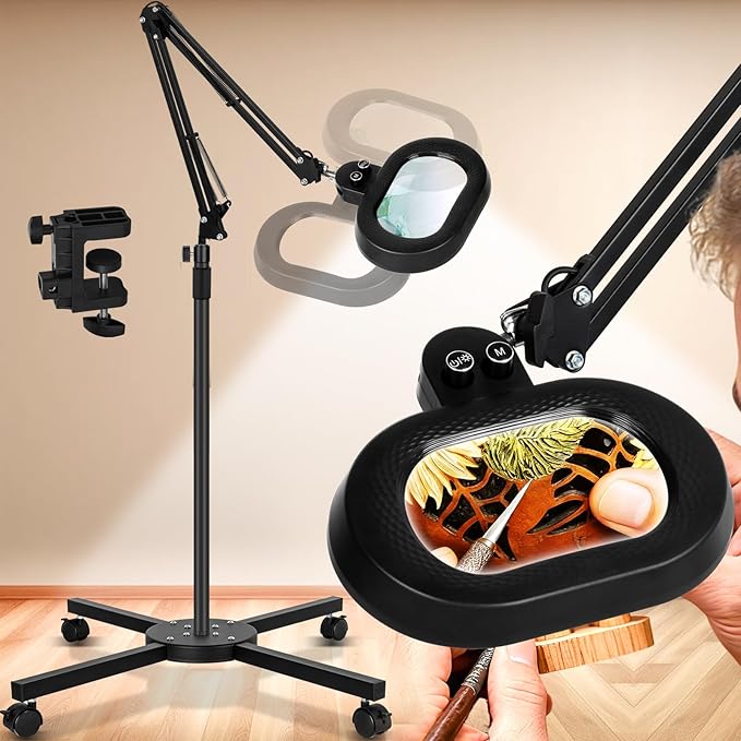 2,200 Lumens, 12X Magnifying Glass with Light and Stand, Floor Lamp with 3-Axis Rotary Head, Mag Lamp for Estheticians Facial Eyelash, Infinite Colors, LED Lighted Magnifier for Craft Painting