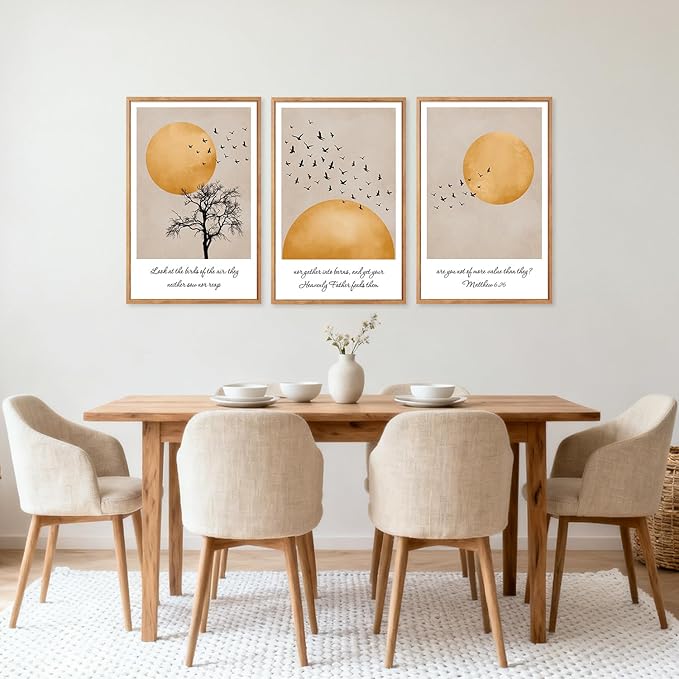 CHDITB Matthew 6:26 Look At The Birds Of The Air Framed Canvas Wall Art(24"x36"), 3 Panels Japandi Bible Verses Scripture Artwork Prints, Large Religious Christian Faith LDS Decor for Home Office Bedroom
