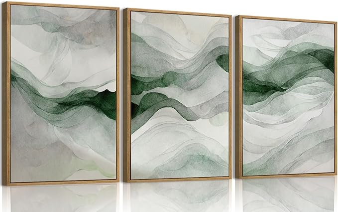 myusuar 3 Piece Large Abstract Framed Wall Art For Living Room, Smoke Texture Ink Teal Soft Green Canvas Wall Art Modern Minimalist Art Prints Wall Décor For Bedroom Office 16x24in