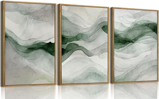 myusuar 3 Piece Large Abstract Framed Wall Art For Living Room, Smoke Texture Ink Teal Soft Green Canvas Wall Art Modern Minimalist Art Prints Wall Décor For Bedroom Office 16x24in