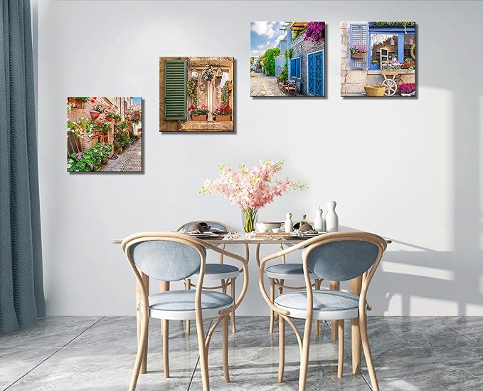 OKEXCKK Tuscan Wall Art Decor, Italy Window View Paintings Nature Landscape Pictures Mediterranean Street Canvas Prints for Bedroom, Living Room, Office Wall Decoration