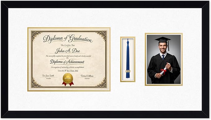 Diploma Tassel and Photo Frame Matte Black Shadowbox Oyster Shell Over Gold Mat - Fits 11 x 8.5 Degree Picture Made in the USA