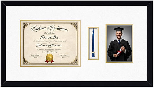 Diploma Tassel and Photo Frame Matte Black Shadowbox Oyster Shell Over Gold Mat - Fits 11 x 8.5 Degree Picture Made in the USA