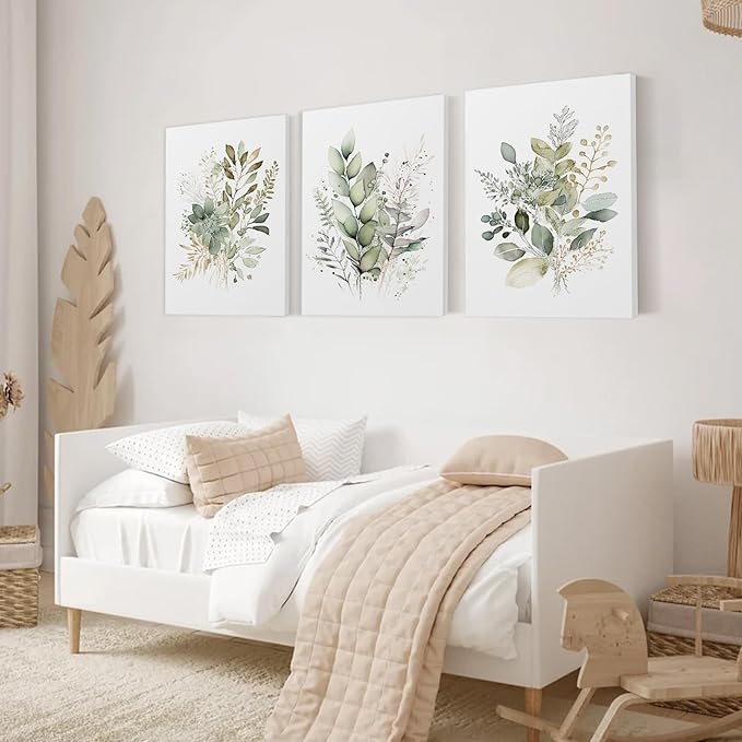 Framed Bathroom Wall Art Set of 3 for Rustic Botanical Prints,Watercolor Botanical Wall Art,Sage Green Painting Eucalyptus Leaf Art Pictures,Modern Boho Floral Wall Decor for Room Living Room Bedroom Decorations,12x16inch