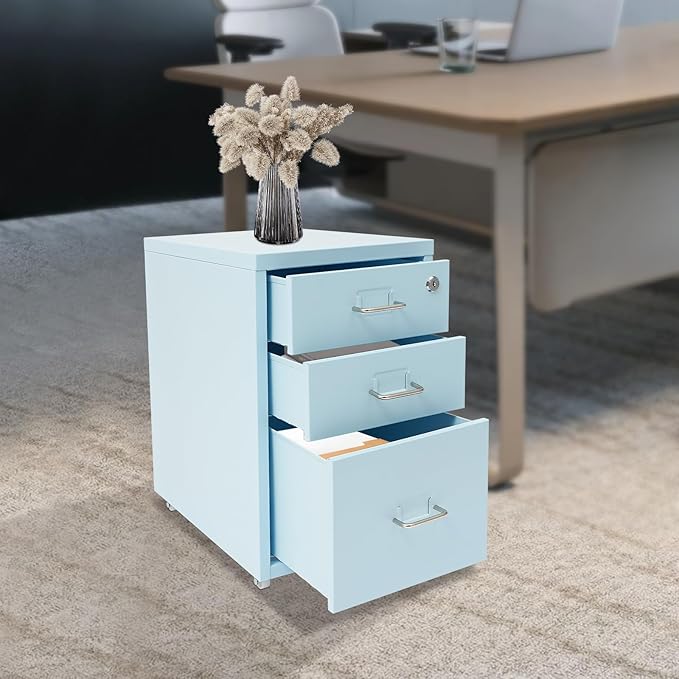 3 Drawer Vertical File Cabinet, Filing Cabinets for Home Office, Metal Vertical File Storage Cabinet with Lock, Locking File Cabinet for Office, Study, Dresser, 11" W x 16" D x 18.3" H, Black (Blue)