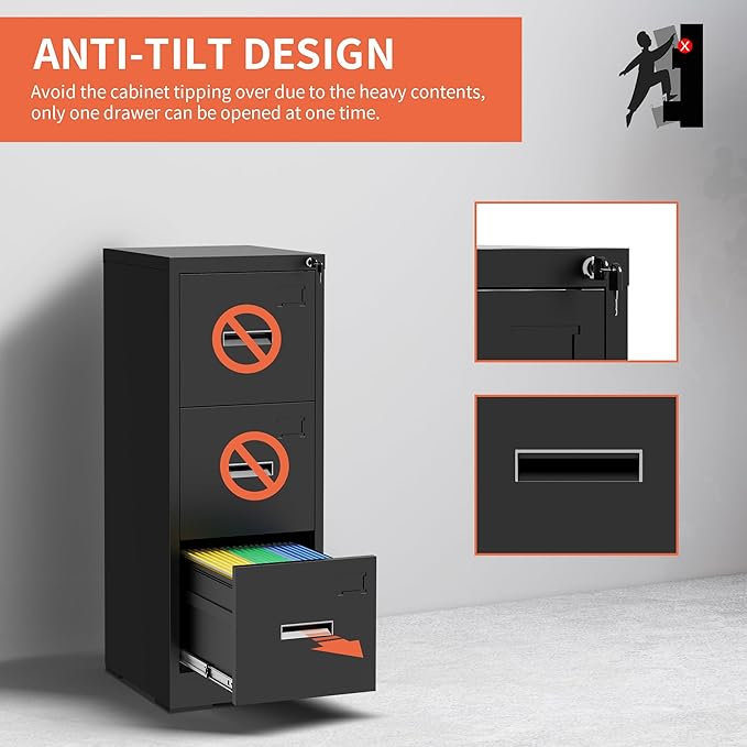 3 Drawer File Cabinet with Lock,Black Metal Filing Cabinets for Home Office,Vertical File Cabinet,Heavy Duty Metal Storage Cabinet for A4/Letter/Legal Size Files,Assembly Required