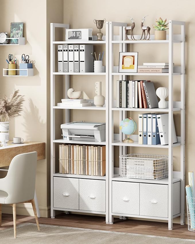 Furologee 6-Tier Bookshelf Set of 2,Tall Bookcase with 2 Drawers and Shelves, Industrial Display Free Standing Shelf Units, Storage Rack Organizer for Bedroom, Living Room, Home Office, White
