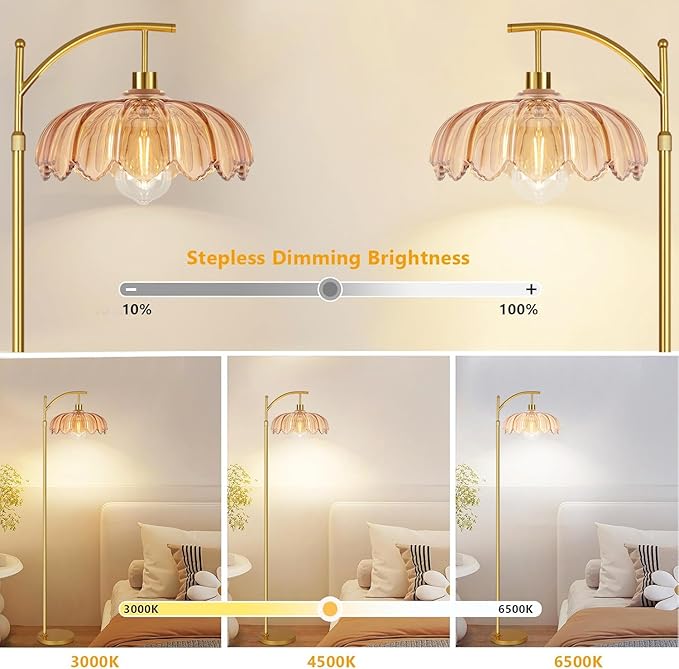 Glass Floor Lamp for Living Room,Bedroom,Gold Dimmable Standing Lamp with Remote,Mid Century Modern Brass Tall Lamp Boho Floor Lamps Arc Stained Flower Floor Light Lamp Bohemian