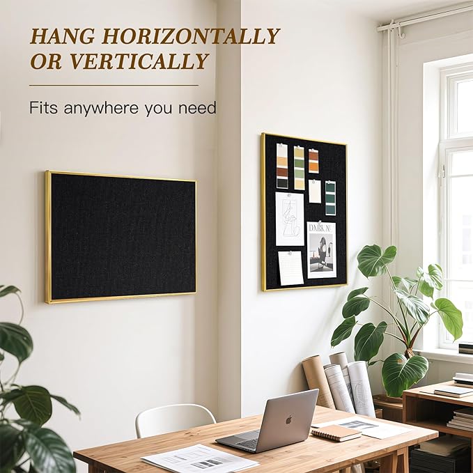 Black Bulletin Board with Linen, 36"x24", Cork Boards for Walls with Gold Aluminum Frame, Hanging Pin Board Vision Board for Home Office Kitchen Room Decor, 10 Push Pins
