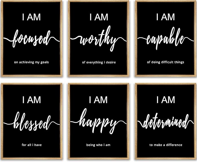 Drsoum Inspirational Wall Art Office Decor, Wood Framed Motivational Wall Art Prints for Office Classroom,Black and White Daily Positive Affirmations Posters for Women Men Kids, 8"x10"x6pcs,FRAMED