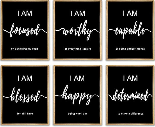 Drsoum Inspirational Wall Art Office Decor, Wood Framed Motivational Wall Art Prints for Office Classroom,Black and White Daily Positive Affirmations Posters for Women Men Kids, 8"x10"x6pcs,FRAMED