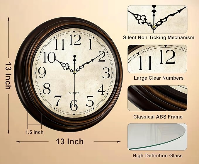 Vintage Wall Clock 13 Inch Quartz Silent Non-Ticking Analog Clock Battery Operated Rustic Round Decorative Clock for Living Room Kitchen Home Office Classroom