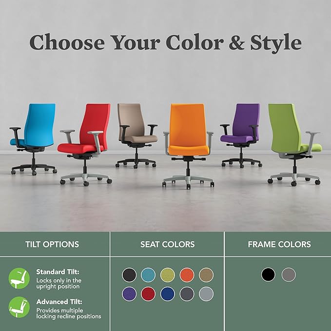 HON Ignition 2.0 Fabric Office Chair, Upholstered, Adjustable Arms, Advanced Synchro-Tilt Recline Executive Ergonomic Office Chair, Titanium Frame, Peacock