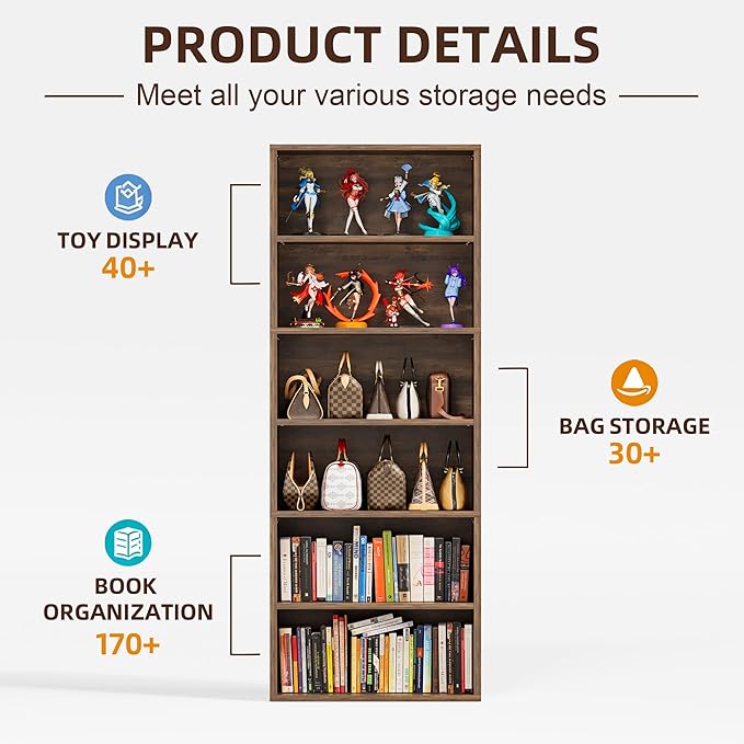 Furniwell 71" Tall Bookcase Bookshelves, 6 Tier Floor Standing Bookcases Open Frame, Modern Display Storage Organizer for Home Office, Living Room, Bedroom, Study Room (Brown, 1 Pcs)