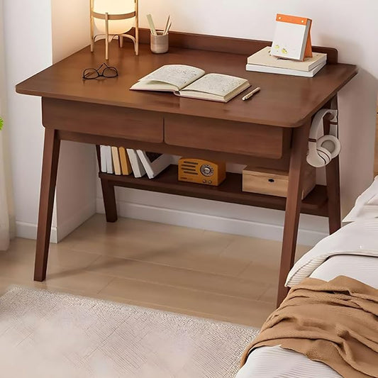 Home Office Writing Desk with Drawers, Modern Wood Table with Storage Shelves & Hooks, Computer Workstation Study Desk Writing Table Simple Zero Assembly Without Chair(39inch/100cm, Walnut)
