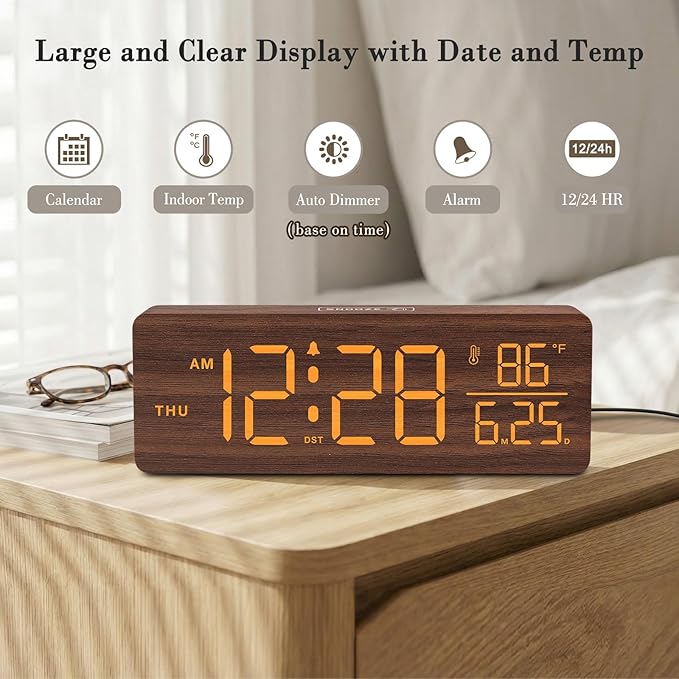 DreamSky Wooden Digital Alarm Clocks for Bedrooms – Large Display Desk Clock with Date & Day of Week for Living Room, Temperature, Dimmer, Adjustable Volume, Auto DST, Office Wood Décor (Plug-in)