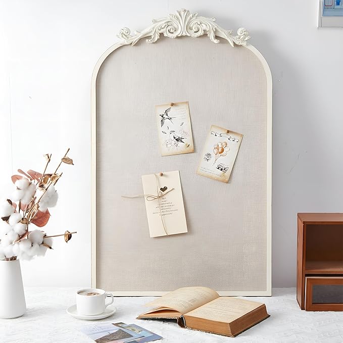 Vintage Framed Pin Board Linen Display Bulletin Board Large Cork Fabric Picture Photo Pinboard Memo Ornate Decorative Pinboard Ornate for Wall Gift(Arch,19" X 31",Vintage White)