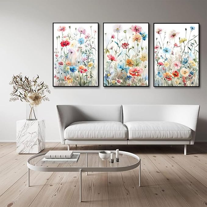 KISSFOX Framed Colorful Wildflower Canvas Wall Art Set Of 3 Flowers Pictures Prints Flowers Printing Floral Watercolors Flower wall Decor Living Room Girls Bedroom Bathroom