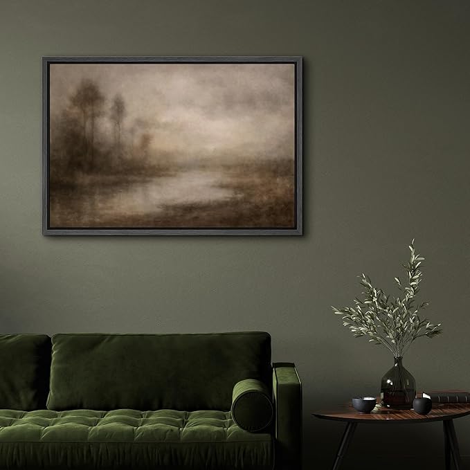 SIGNFORD Framed Canvas Print Wall Art Moody Misty Landscape with Trees and Water Abstract Illustrations Digital Art Modern Art Decorative Multicolor Rustic Minimal for Bedroom - 24"x36" BLACK