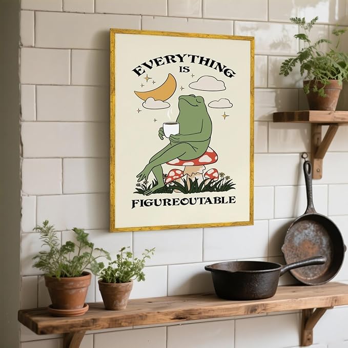 Everything Is Figureoutable Motivational Wall Art Funny Frog Coffee Inspirational Poster Positive Quote Daily Reminder Canvas Print Affirmation Wall Decor for Home Office 16x24inch Golden Framed